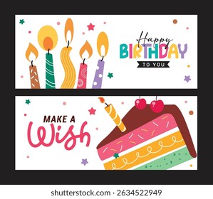 Happy birthday greeting clipart banner set. Happy birthday wishes with colorful candles and cake elements clip art collection in white abstract background banner template vector illustration.

