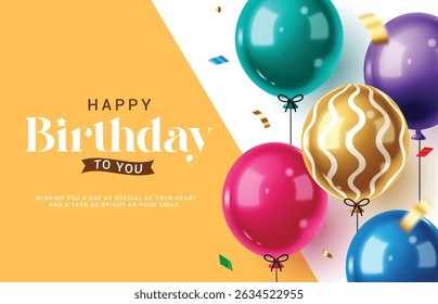 Happy birthday greeting clipart banner design. Happy birthday greeting and wishes with colorful inflatable balloons in yellow and white empty space background clip art vector illustration.
