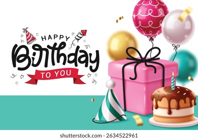 Happy birthday greeting clipart banner design. Birthday greeting card template clip art with pink gift box, cake and colorful balloons elements in white and green background vector illustration.
