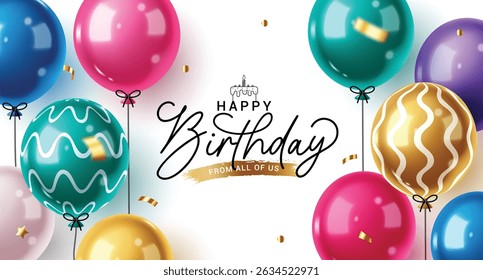 Happy birthday greeting clipart banner design. Birthday greeting text clip art with colorful balloons and gold confetti in white background holiday surprise vector illustration.
