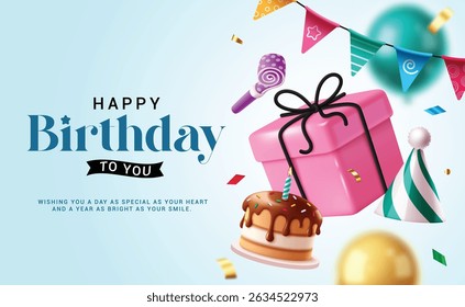 Happy birthday greeting clipart banner design. Birthday greeting and wishes with pink gift box, pennants and cake decoration elements clip art in blurred blue background template vector illustration.
