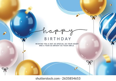 Happy birthday greeting clipart banner design. Birthday greeting text and wishes with colorful floating balloons elements in blue and white abstract background clip art for invitation card template 