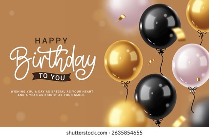 Happy birthday greeting clipart banner design. Birthday wishes in elegant background with gold, black and white floating balloons decoration elements clip art vector illustration.
