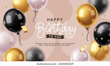 Happy birthday greeting clipart banner design. Birthday balloons with greeting text and wishes for party celebration decoration elements clip art in elegant background banner card template vector 