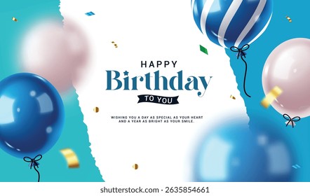Happy birthday greeting clipart banner design. Birthday invitation card template with floating balloons decoration elements clip art in blue and white abstract background vector illustration.
