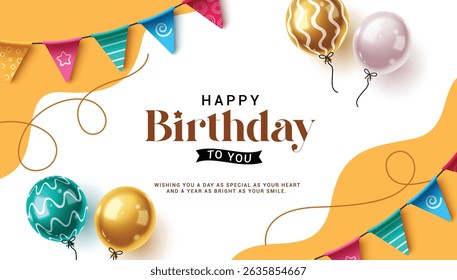 Happy birthday greeting clipart banner design. Birthday greeting and wishes in abstract background with colorful balloons and pennants decoration elements clip art vector illustration.
