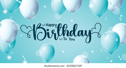 Happy birthday greeting clipart banner design. Birthday greeting text with rubber balloons and confetti elements in blue background clip art invitation card template vector illustration.
