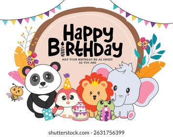Happy birthday greeting clipart design. Birthday greeting text clip art with animal characters, colorful flowers, leaves, party elements and pennants festive decoration invitation card template vector
