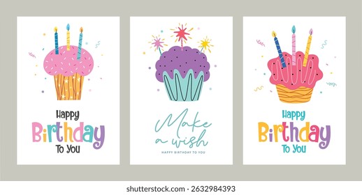 Happy birthday greeting clipart poster set. Birthday wishes and invitation card clip art with cup cake, candles and confetti colorful abstract drawing elements in white background collection vector 