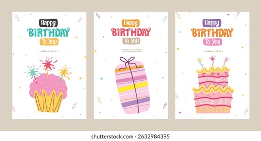 Happy birthday greeting clipart poster set. Birthday greeting text clip art with colorful cup cake, gift and cake abstract elements decoration in white background collection vector illustration.   
