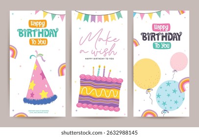 Happy birthday greeting clipart poster set. Birthday greeting text and wishes with colorful party hat, cake, pennants and balloons drawing elements clip art collection in white rainbow background 