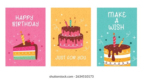 Happy birthday greeting clipart poster set. Birthday wishes with chocolate and strawberry cake in colorful background clip art collection for holiday celebration card template vector illustration. 
