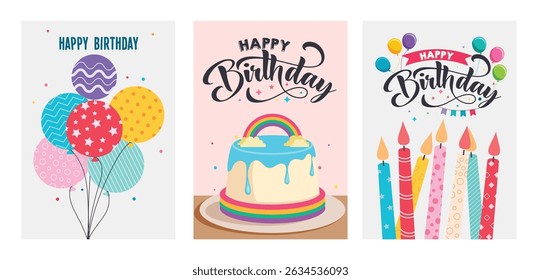 Happy birthday greeting clipart poster set. Birthday wishes and invitation card clip art with colorful balloons, cake and candles drawing party elements collection vector illustration. 
