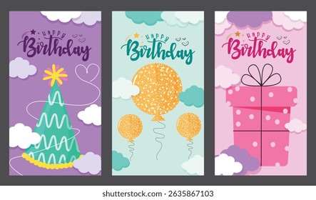 Happy birthday greeting clipart poster set. Birthday wishes and invitation card clip art with party hat, balloons, gift and clouds decoration elements in colorful background collection vector 