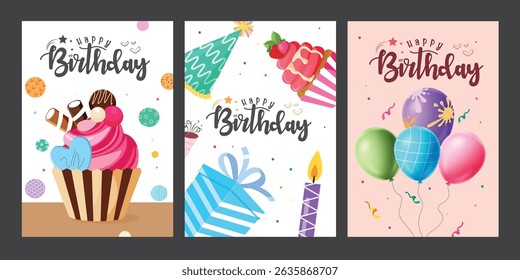 Happy birthday greeting clipart poster set. Birthday wishes invitation card clip art with cup cake, gift box, party hat and balloons decoration elements collection vector illustration. 
