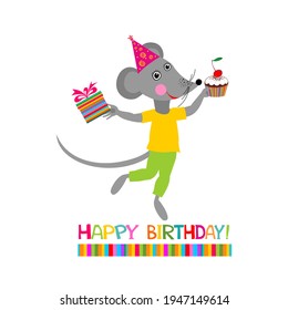 Happy Birthday! Greeting colorful Card with Cute Mouse or Rat with gift box. Hand Drawn Cartoon Doodle Little Mice Print for Nursery, Baby Shower and Birthday Design.  Vector illustration