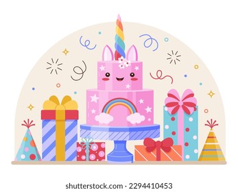 Happy Birthday greeting concept with cute kawaii cake, confetti and gift ribbon tie boxes. Birthday celebration party festive scene in flat design.