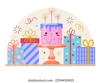 Happy Birthday greeting concept with cute kawaii cake, confetti and gift ribbon tie boxes. Birthday celebration party festive scene in flat design.