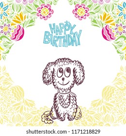 Happy birthday greeting with cute cartoon dog . Vector illustration.
