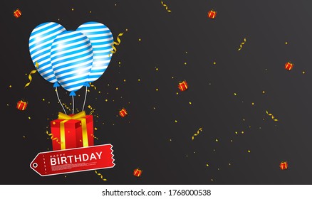 Happy birthday greeting design, equipped with three balloons, a gift box, suitable for invitation cards, backgrounds, posters, social media posts, web, parties, etc.