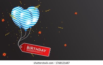 Happy birthday greeting design, equipped with three balloons, a gift box, suitable for invitation cards, backgrounds, posters, social media posts, web, parties, etc.