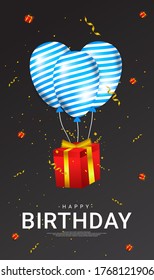 Happy birthday greeting design, equipped with three balloons, a gift box, suitable for invitation cards, backgrounds, posters, social media posts, web, parties, etc.