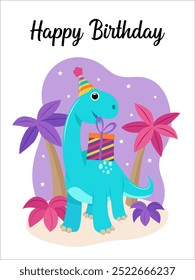 Happy birthday greeting with dinosaur holding gift, perfect for birthday cards, party invitations, and social media posts for kids.