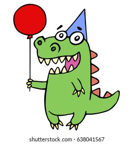 Happy birthday greeting dragon. Vector illustration. Cute kind cartoon character.