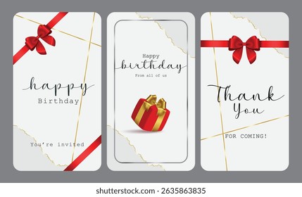 Happy birthday greeting elegant clipart poster set. Birthday invitation, wishes and thank you card template clip art collection in minimal background for gift tags vector illustration.
