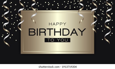 Happy birthday greeting with golden serpentine and confetti on gold square and dark background. Ratio 1920x1080, vector illustration.
