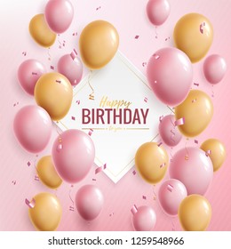 Happy Birthday greeting or invitation card with balloons, flags and foil confetti