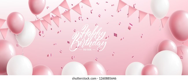 Happy Birthday greeting or invitation card with balloons, flags and foil confetti