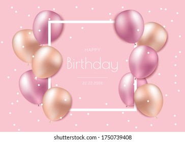 Happy Birthday greeting or invitation card with balloons, flags and foil confetti.