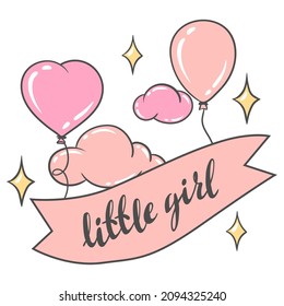 Happy Birthday greeting and invitation card. Holiday baby girl shower celebration symbols.