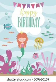 Happy Birthday greeting or invitation card template with cute mermaid and sea animals. Vector illustration