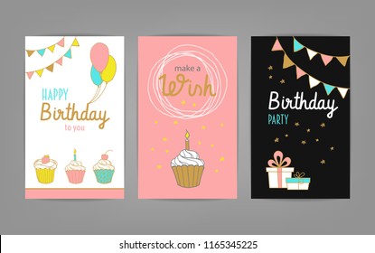 Happy Birthday greeting and invitation cards set with cakes, flags, candles, stars and balloons. Vector hand drawn illustration