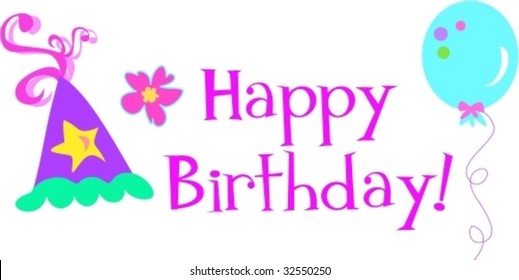 Happy Birthday Greeting with Party Hat, Balloon, and Flower Vector