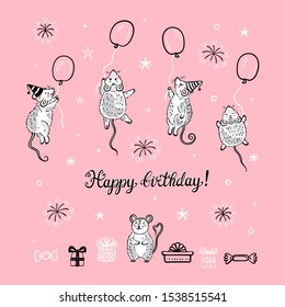 Happy Birthday! Greeting Pink Card with Flying Cute Mouses or Rats with Balloon. Hand Drawn Cartoon Doodle Little Mice Print for Nursery, Baby Shower and Birthday Design