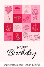 Happy Birthday greeting postcard with festive doodle icon. Cake, drink, and party sketch elements. Wedding, holiday, party decoration background. Coquette Aesthetic style. Elegant vector illustration.