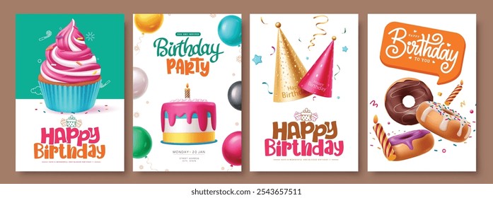 Feliz aniversário saudação poster vetor set. Texto de saudação de aniversário com bolo de xícara, bolo, chapéu de festa, rosquinha e elementos de decoração de vela para a coleção de clip art da festa. Convite para ilustração vetorial 