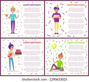 Happy birthday greeting posters with men celebrating Bday. Cartoon male with party horn, festive hat vector on backdrop of tinsels and confetti, gifts