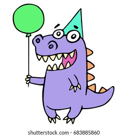 Happy birthday greeting purple dragon. Vector illustration. Cute kind cartoon character.