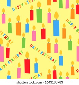 Happy Birthday greeting seamless pattern with candlestick image for kids party decoration. Colorful candle vector object styled as repeating design for gift wrapping or banner background.