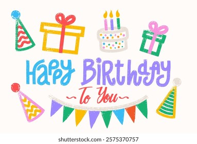 Happy Birthday greeting template. Brush stroke vector style. Birthday greeting colored text with gift box, party hat, stars decoration elements for party celebration. Vector color invitation card.