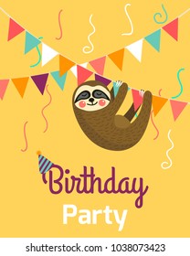 Happy Birthday greeting templates. Invitation cards to the party. Vector banner with cute small sloth.