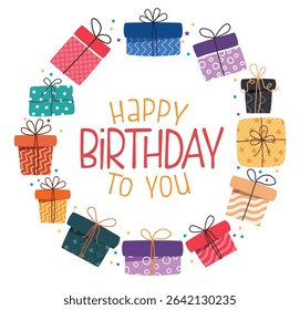 Happy birthday greeting text clipart background. Birthday invitation card clip art with colorful gift boxes with pattern and print decoration in white background vector illustration. 
