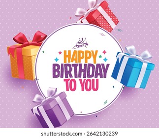 Happy birthday greeting text clipart template. Birthday invitation card with colorful gift boxes elements clip art in circle frame and purple dots background vector illustration. 
