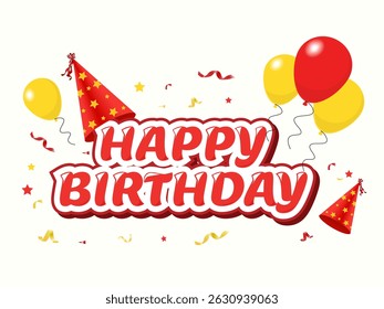 Happy birthday greeting text with colorful balloons, shiny tinsel, vibrant streamers, party poppers, and birthday caps. A cheerful birthday card background, perfect for greeting cards and invitations