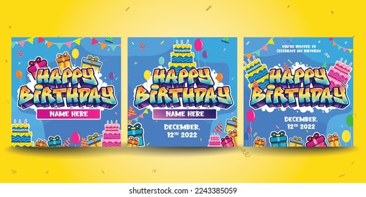 Happy Birthday greeting text in graffiti style. Colorful street art theme illustration, Social media design, greeting, poster with vibrant color for wall art and background