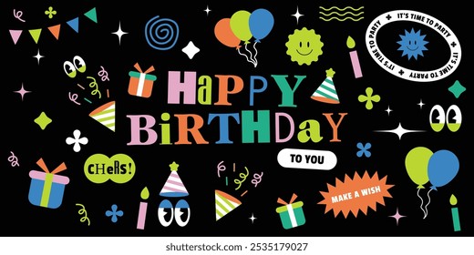 Feliz aniversário texto tipografia na moda estilo de desenho animado retro 90s. cartão de convite template.illustration aniversário card.Vetor ilustração com elementos geométricos ondulados. Brutalismo estético.